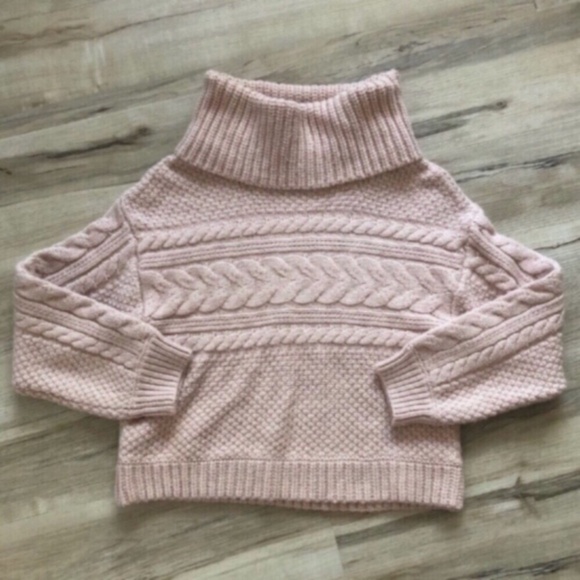 Pink Knit Oversized Turtleneck Sweater with Cable knit Details - Picture 1 of 8